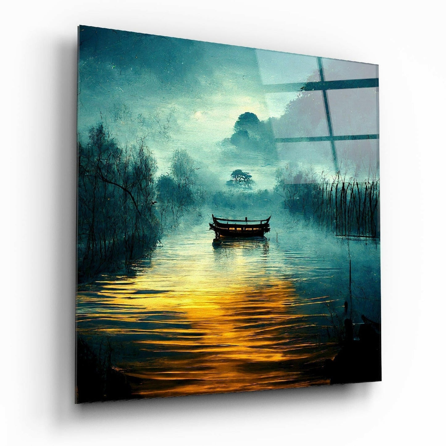 Misty teal river boat glass wall art