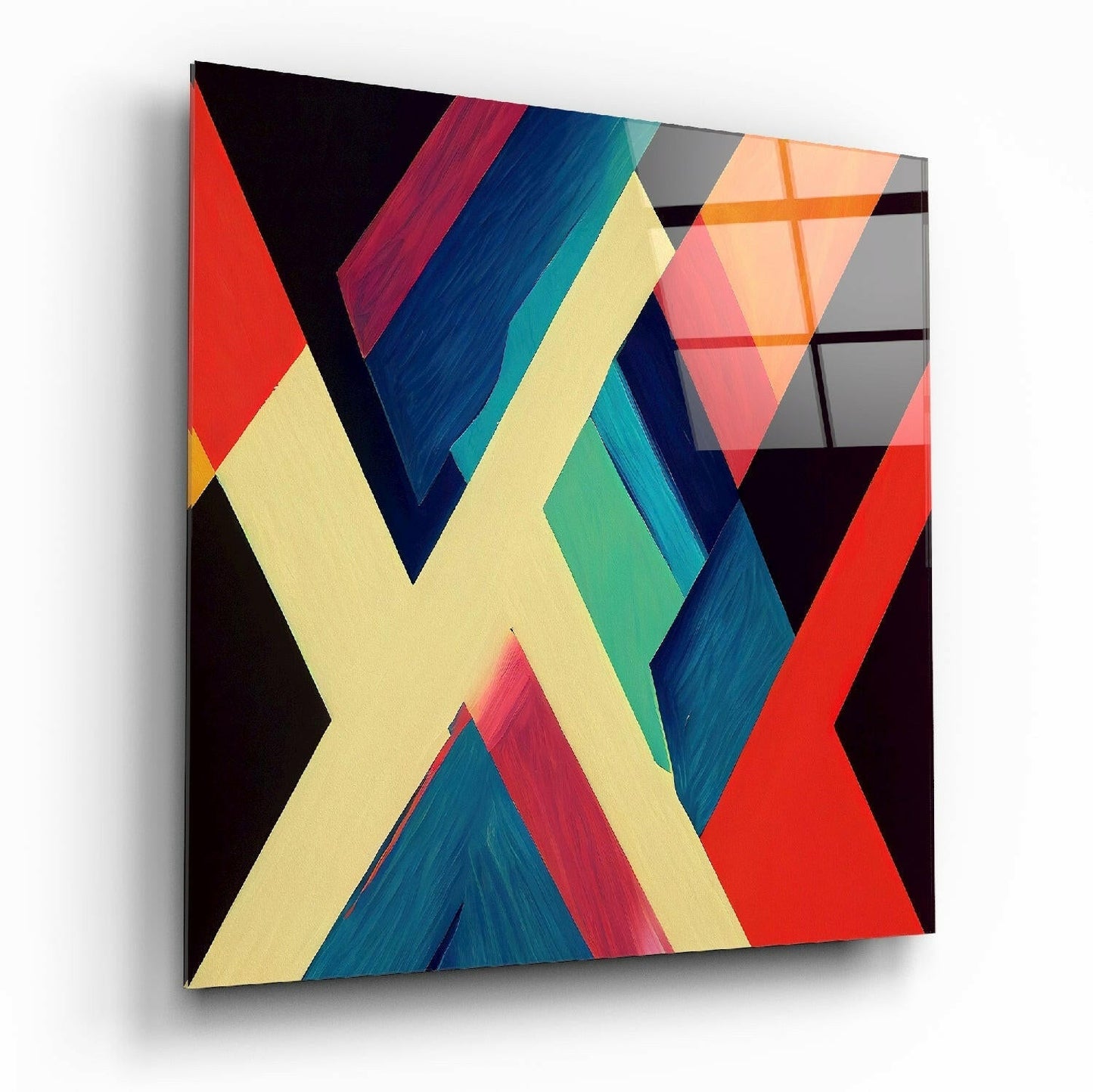 Cream X Stripe glass wall art with bold geometric pattern
