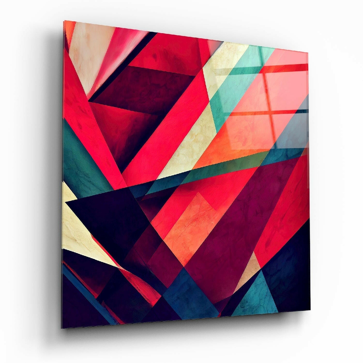 Crimson Teal Angular Triangle Shards glass wall art with geometric pattern