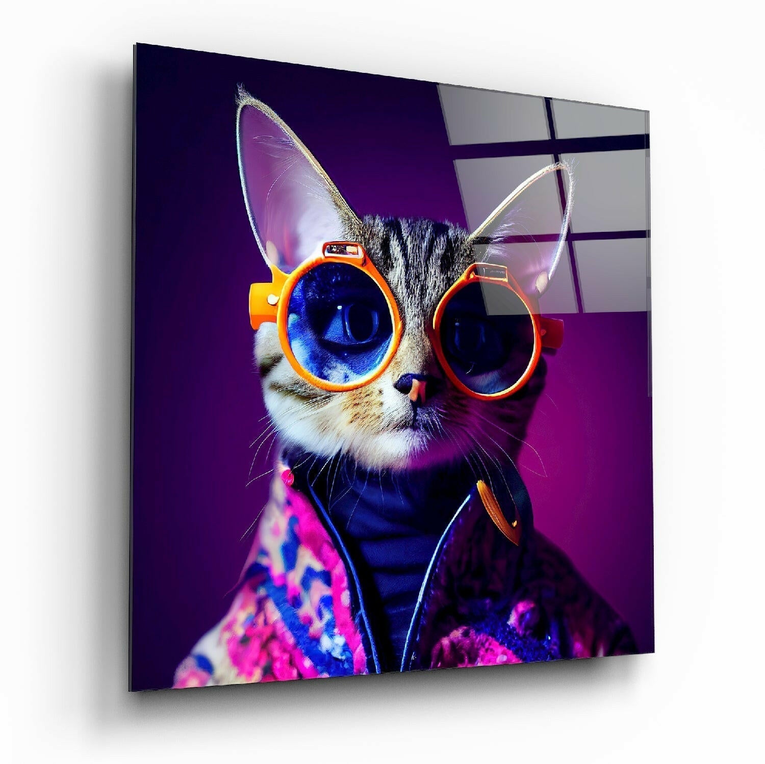 Curious Cat glass wall art, a bright-eyed feline illustration on tempered glass
