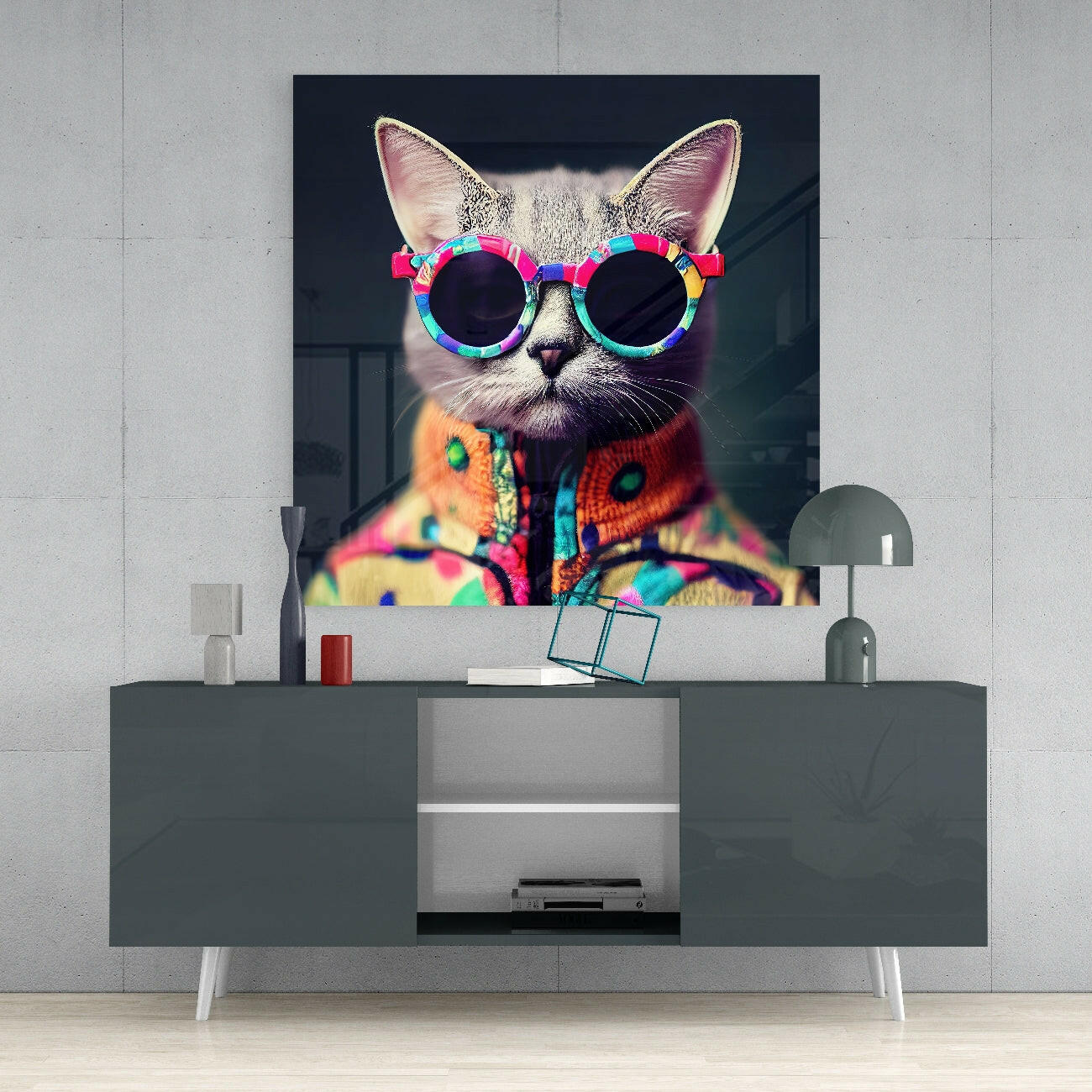 The Coolest Cat Glass Wall Art, Hip Cat Decor Print