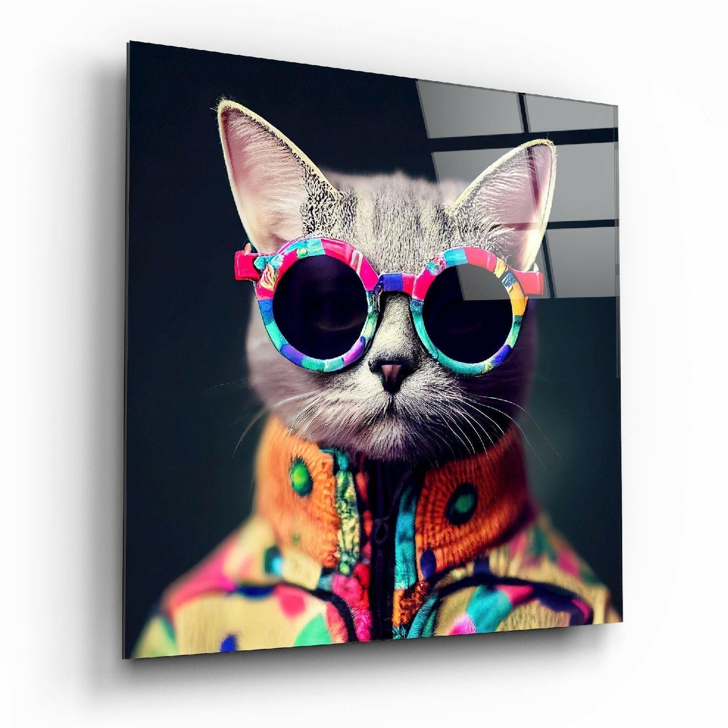Cool, confident cat with hip style printed on glass wall art