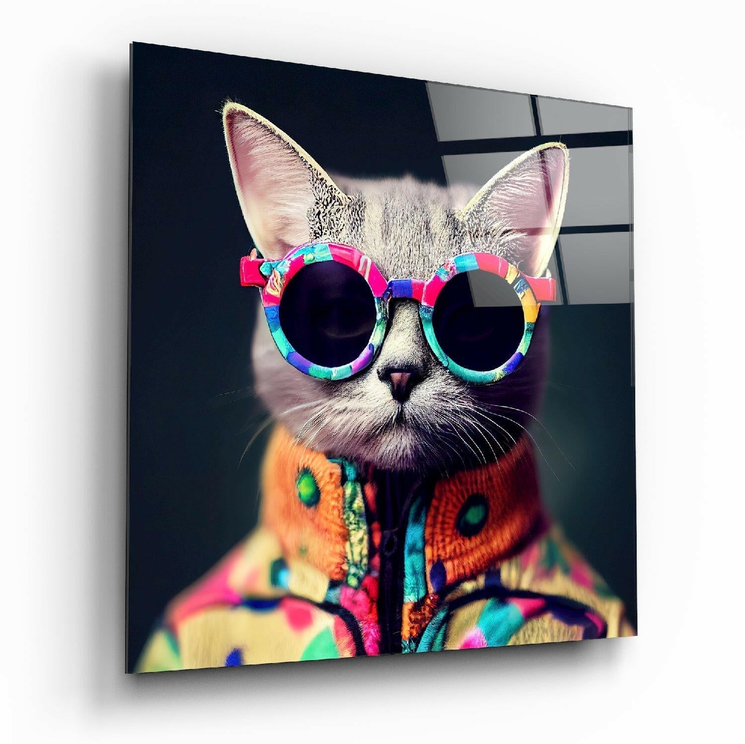 Cool, confident cat with hip style printed on glass wall art