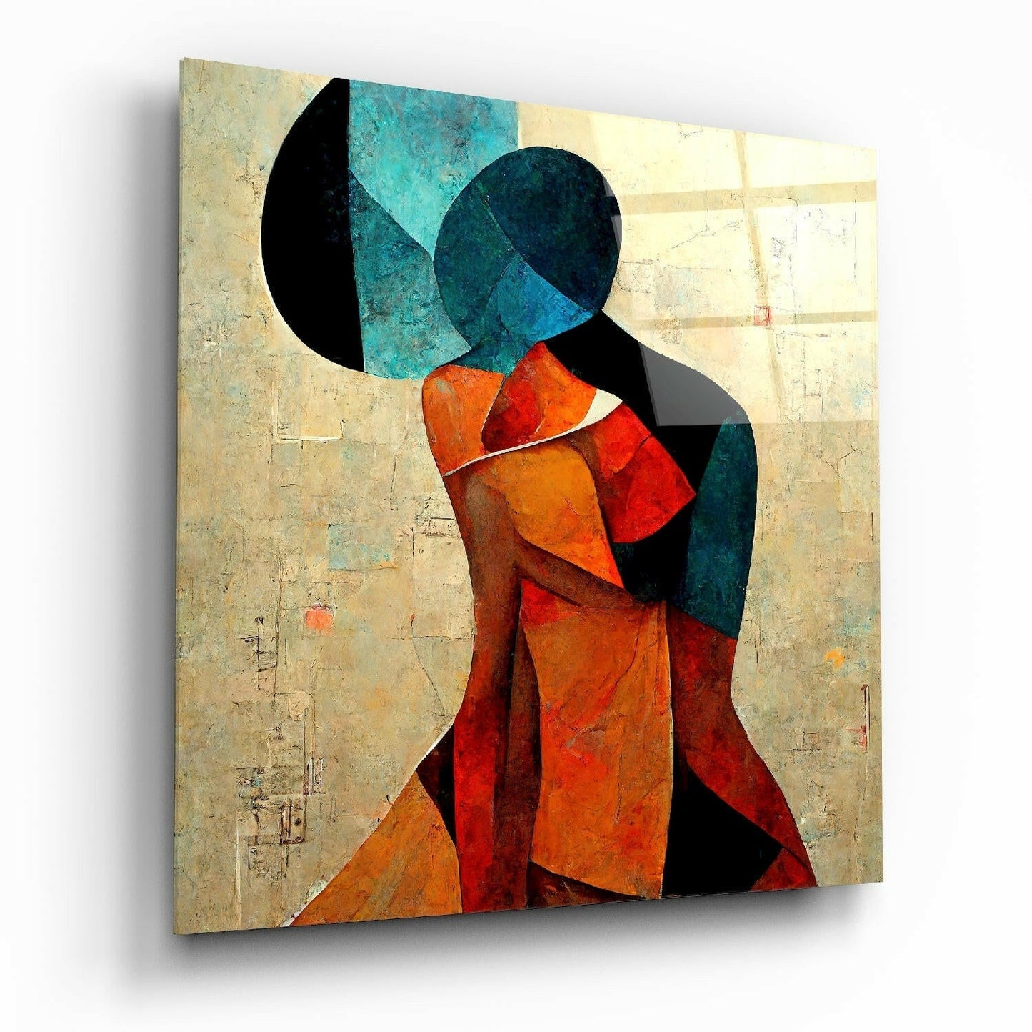 The Hug glass wall art hanging on a living room wall