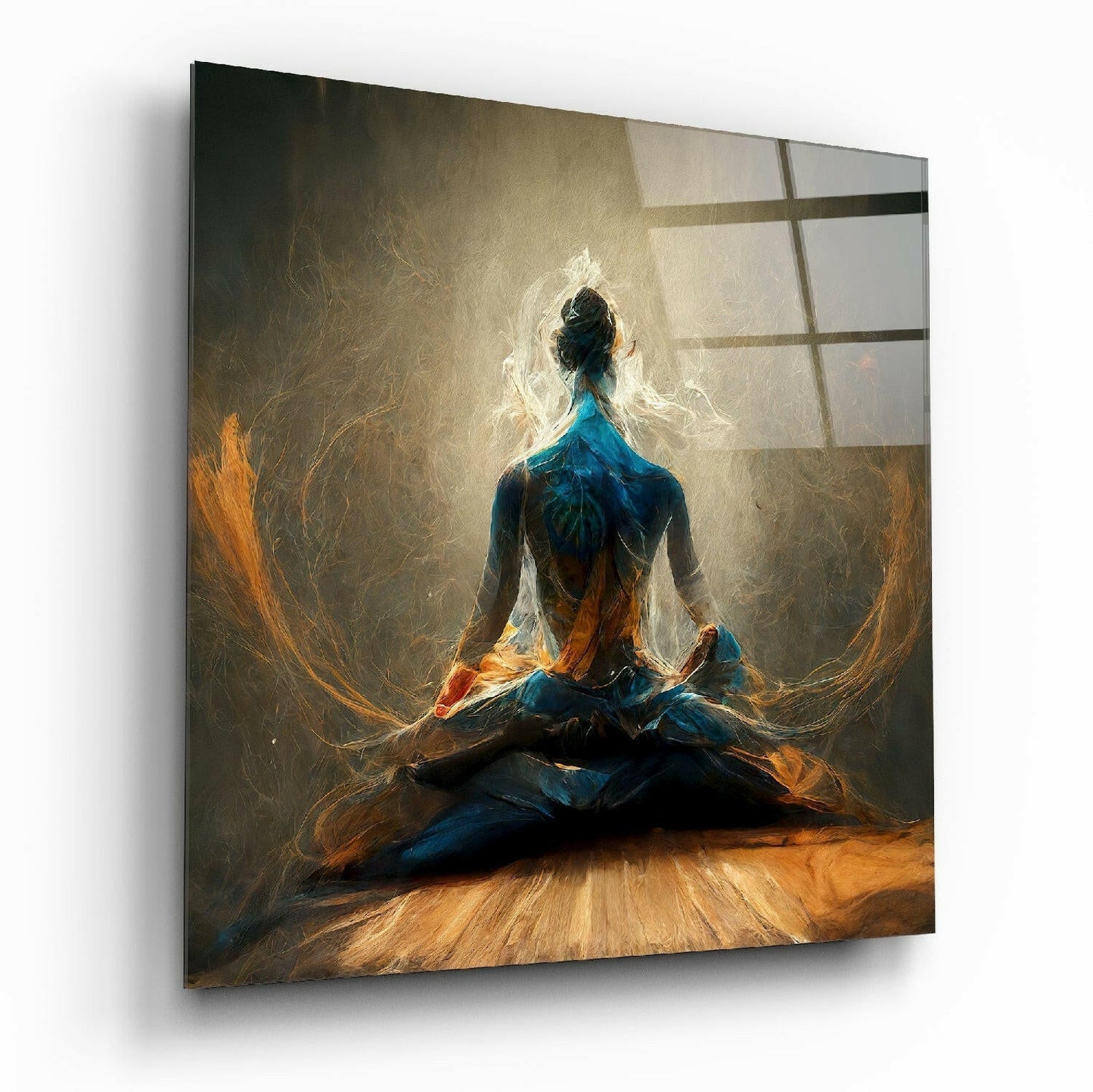 Blue and Amber Energy Meditation glass wall art with calming abstract design