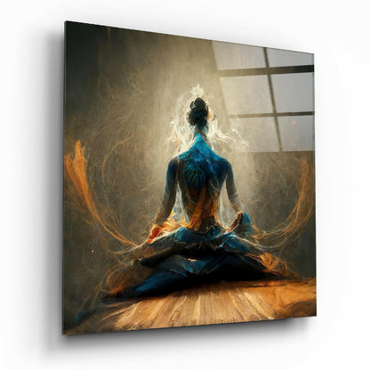 Blue and Amber Energy Meditation glass wall art with calming abstract design