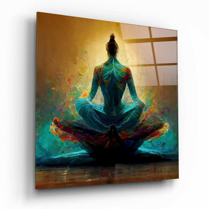 Meditation glass wall art, serene seated figure