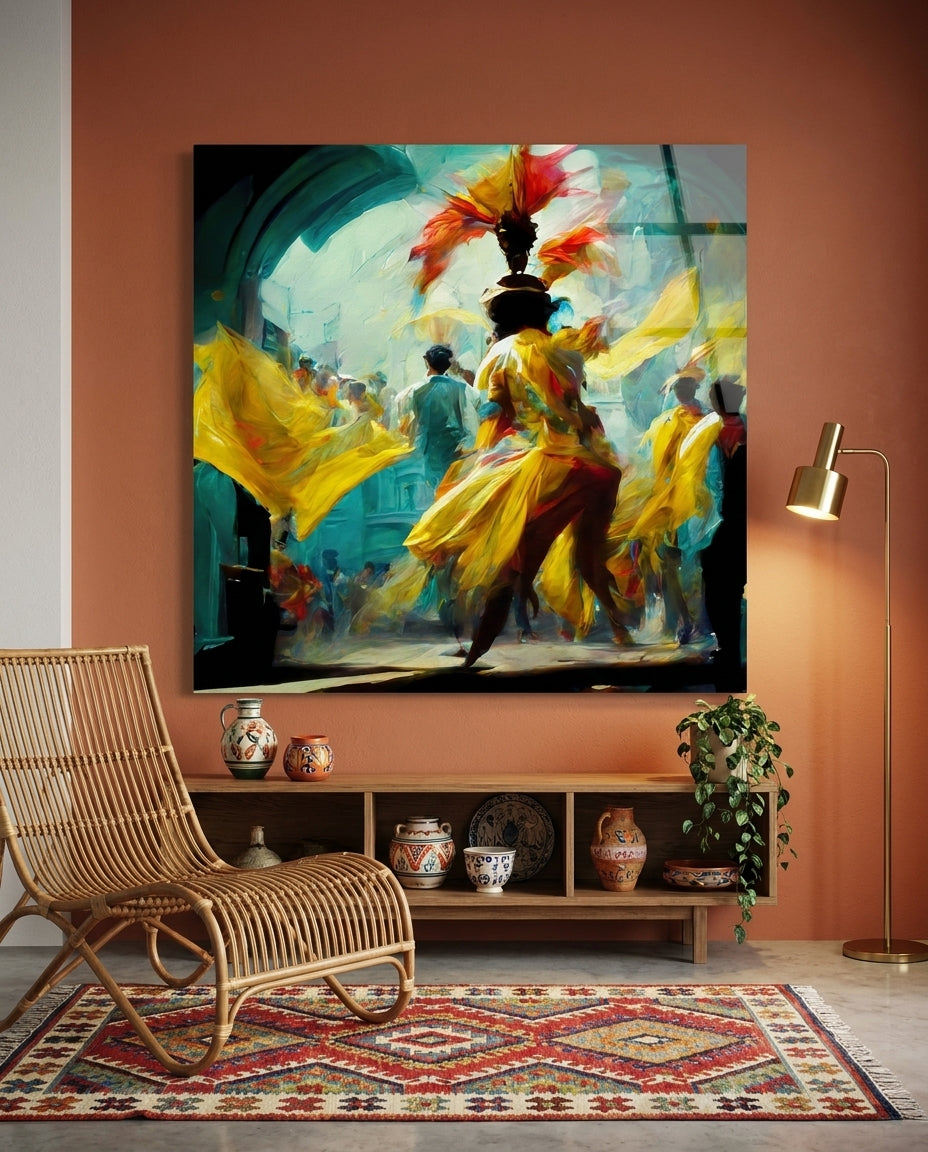 Carnival dancer in a yellow costume and feathered headdress glass wall art on a terracotta wall above a rattan lounge chair