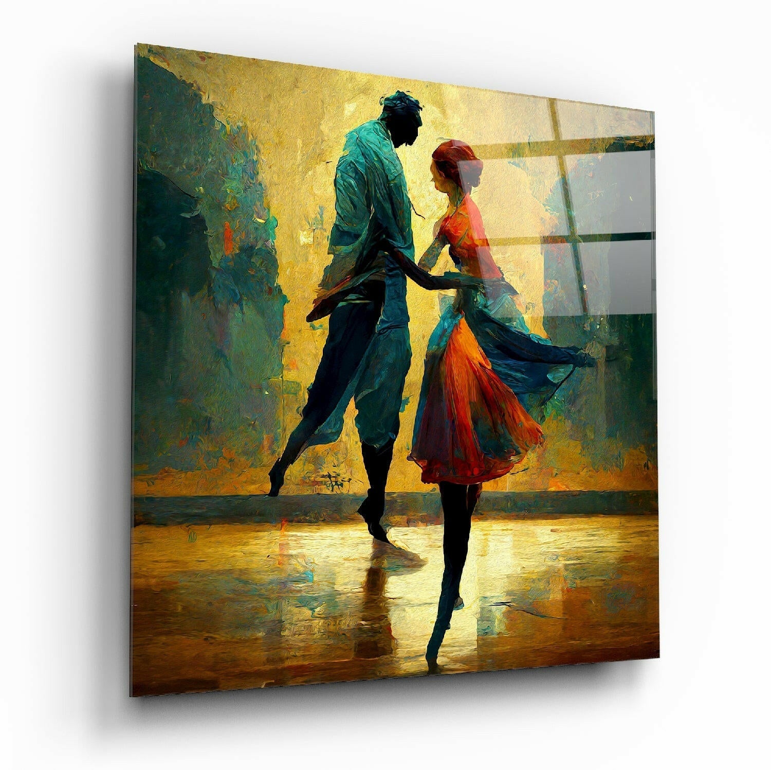 Dancing in the Rain glass wall art, figure silhouette