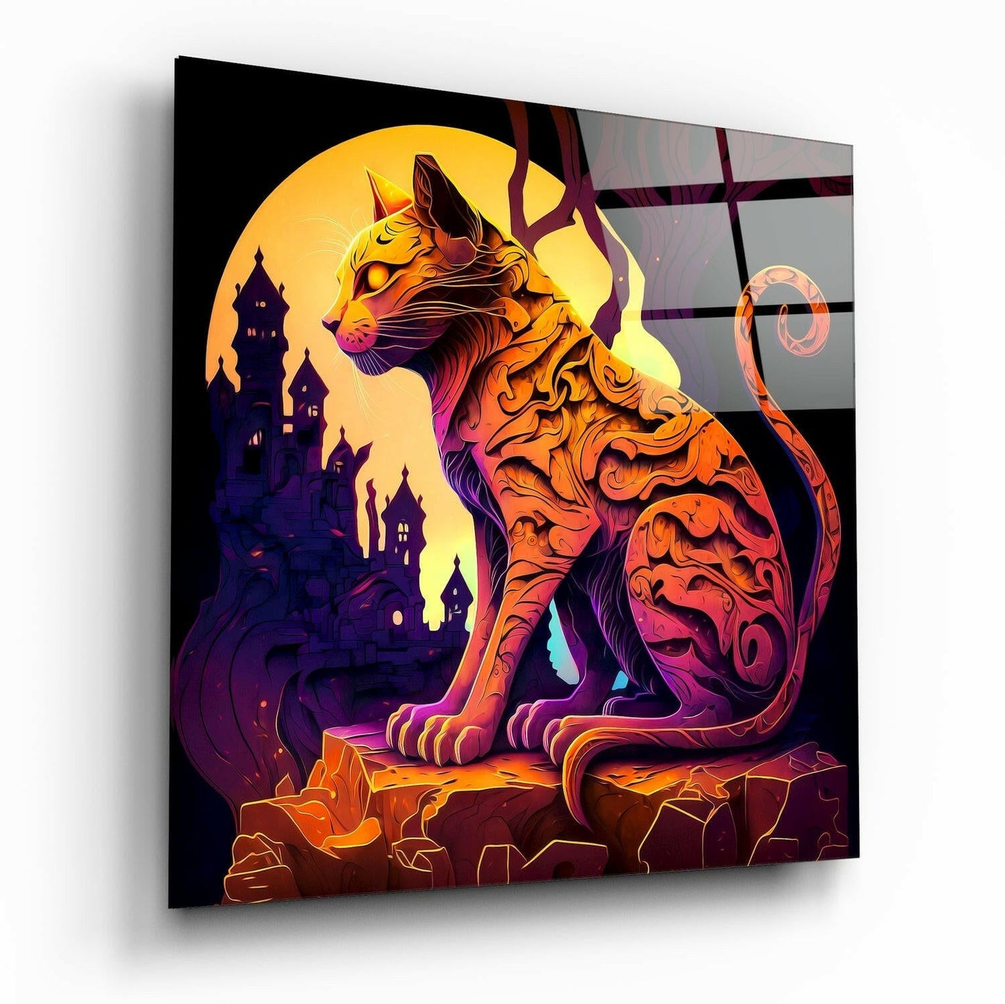 Ancient Cat glass wall art, a stylized sculptural feline on tempered glass
