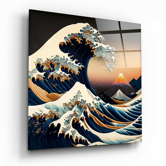 Ocean waves glass wall art, rolling swells in cobalt and turquoise, square tempered glass format