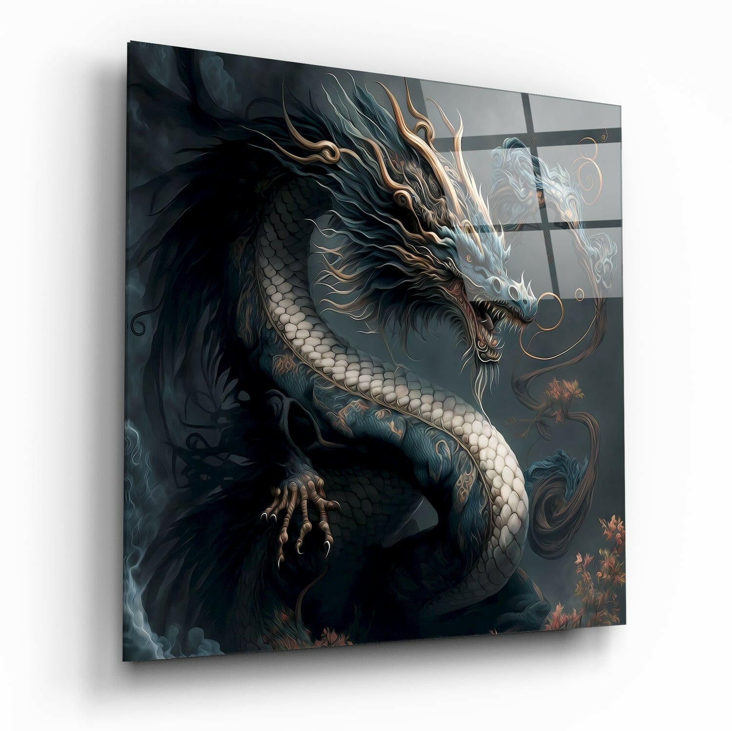 Dragon's Roar glass wall art mythic design