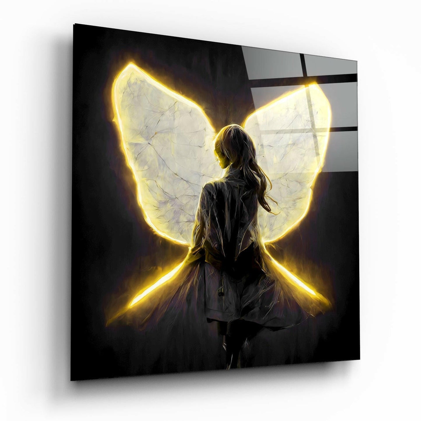 Me Flying glass wall art figurative design