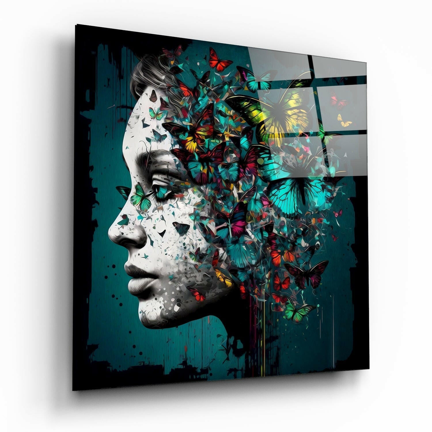 Butterfly Thoughts glass wall art on a wall