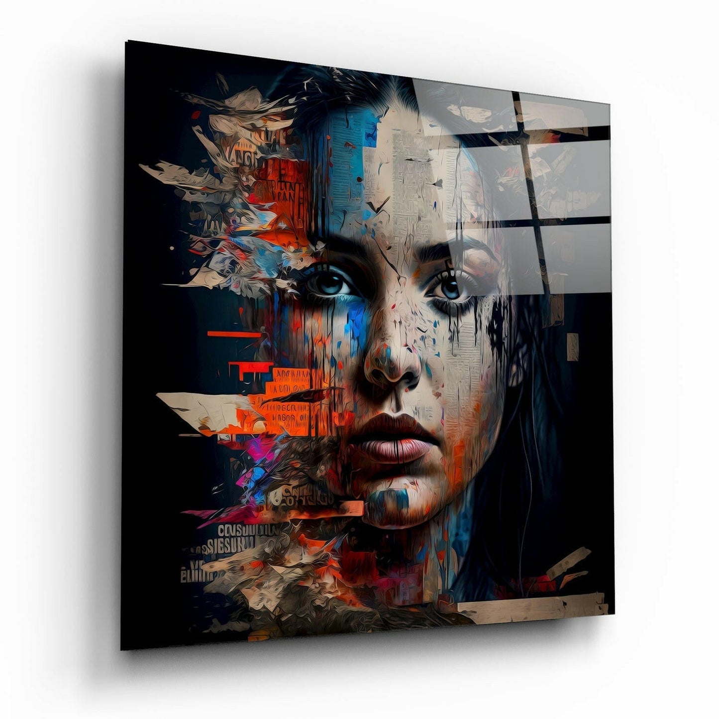 Woman glass wall art hanging on a wall