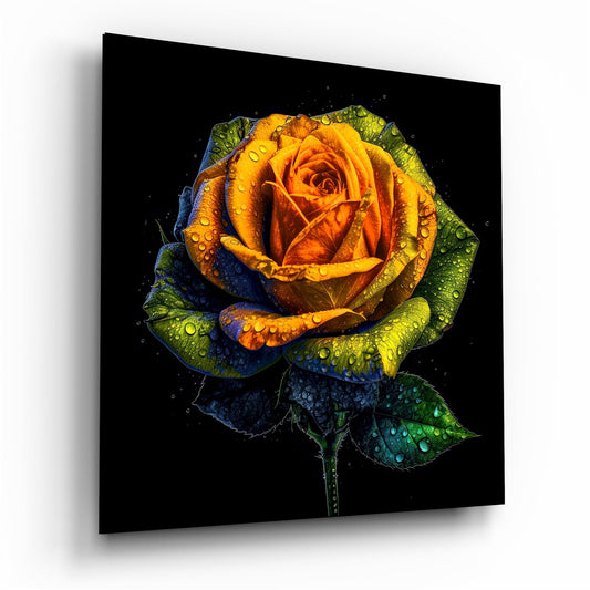Yellow Rose glass wall art hanging on wall