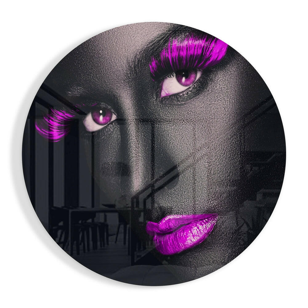 Purple Lashes and Lips glass wall art with gray-toned face design