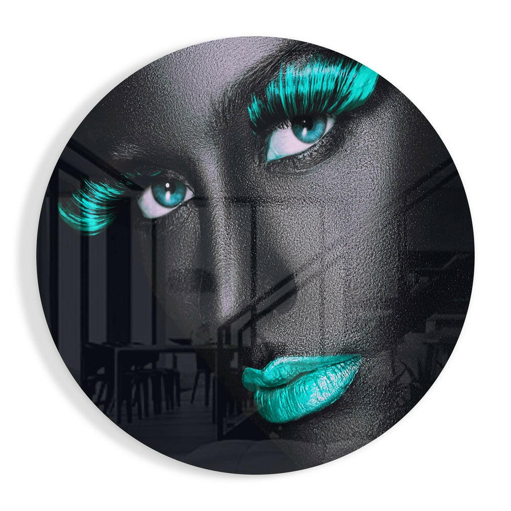 Turquoise lashes and lips glass wall art