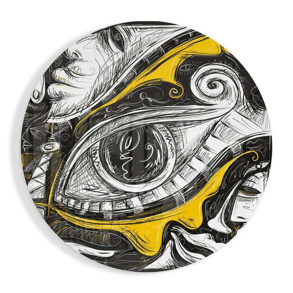 Yellow and Black Sketch Eye glass wall art print in high-gloss tempered glass