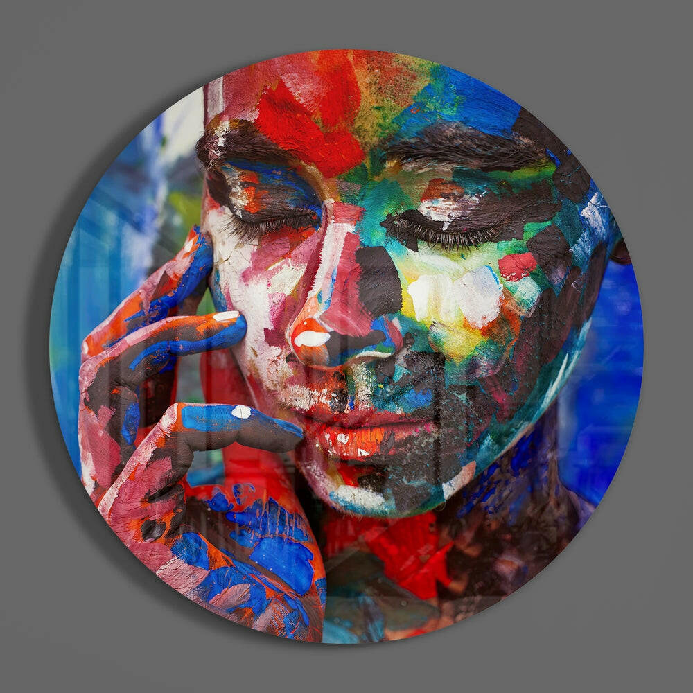 Painted Face Red Blue Strokes Glass Wall Art