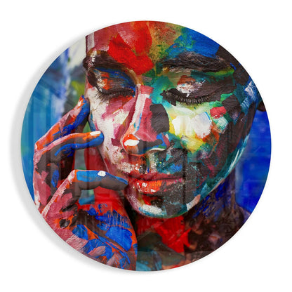 Painted Face Red Blue Strokes glass wall art print in high-gloss tempered glass
