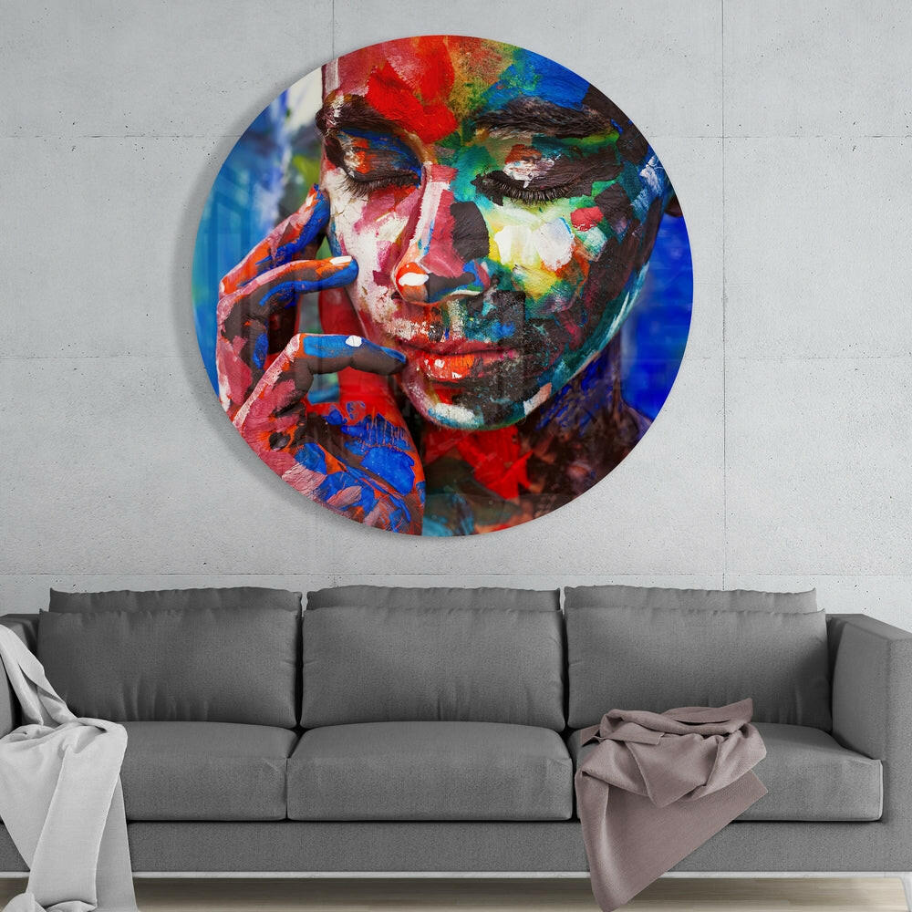 Painted Face Red Blue Strokes Glass Wall Art