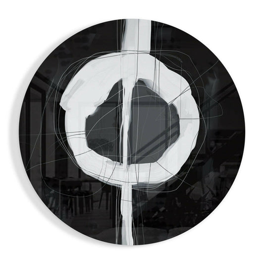 White brushed enso circle crossed by a vertical white stroke on a black ground, round glass wall art