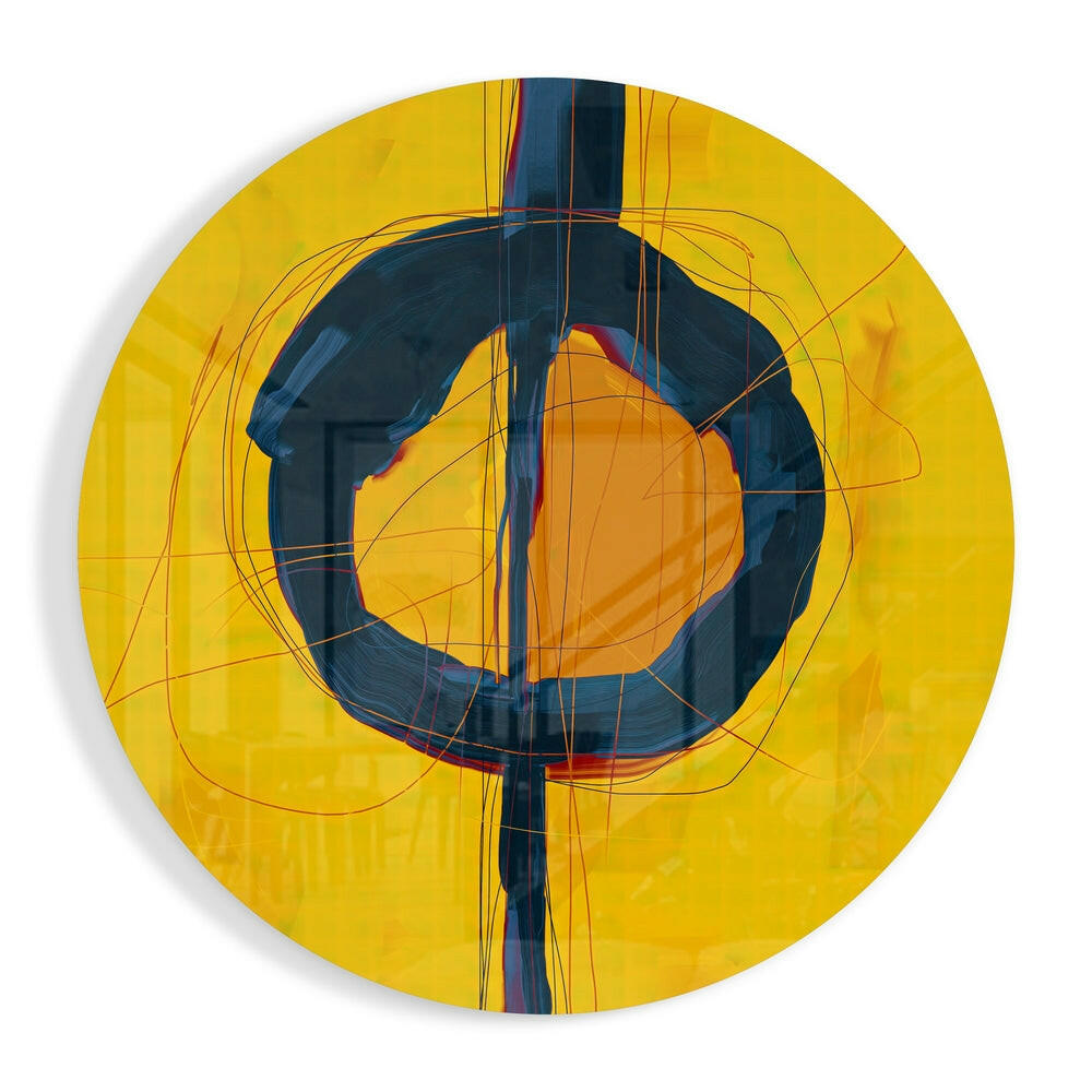 Round glass wall art of a thick navy ring and vertical stroke on yellow with an orange core and red lines