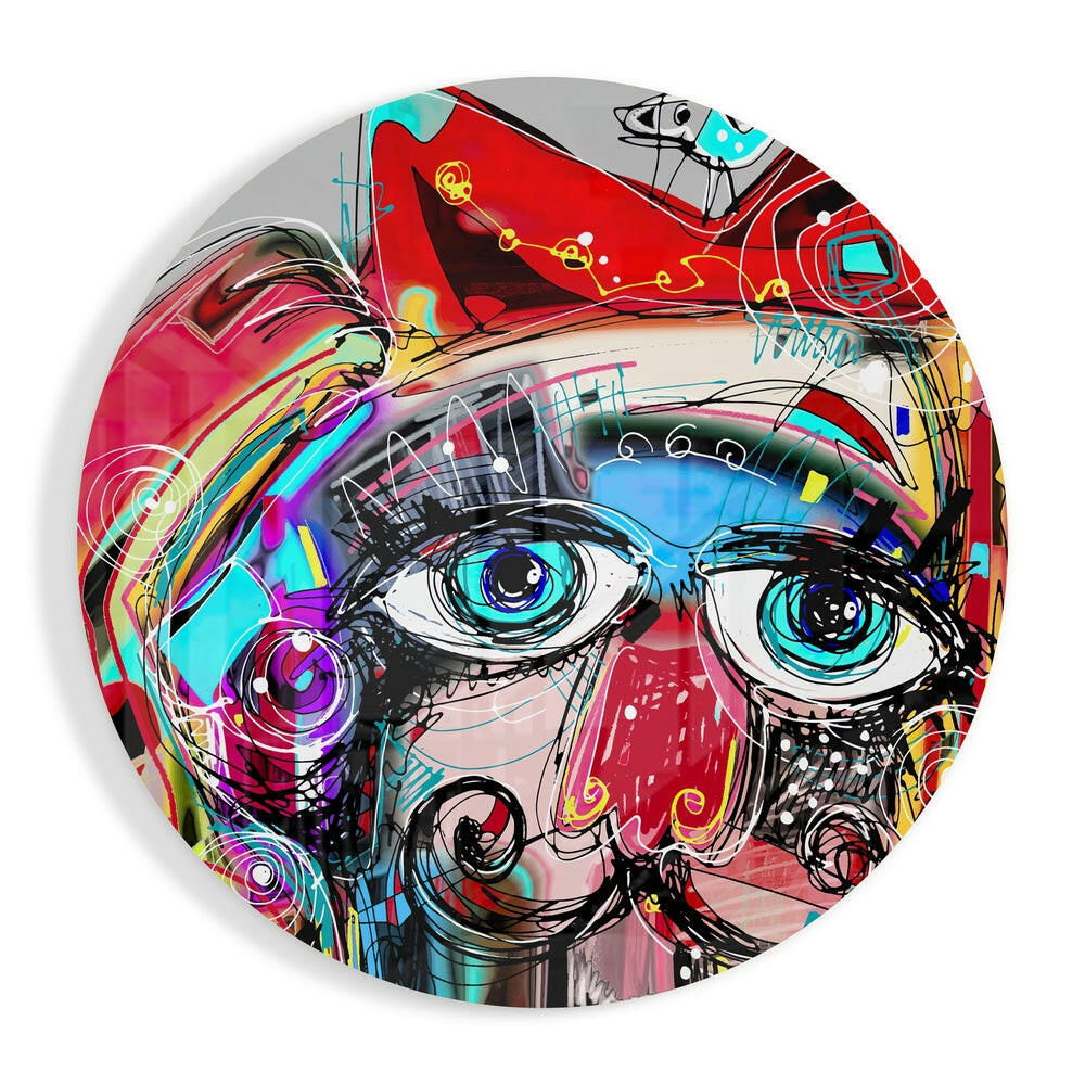 Graffiti Face Big Blue Eyes glass wall art print in high-gloss tempered glass