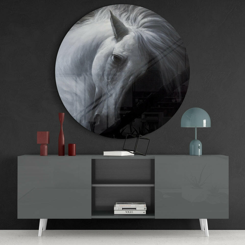 White Horse Circle Glass Wall Art