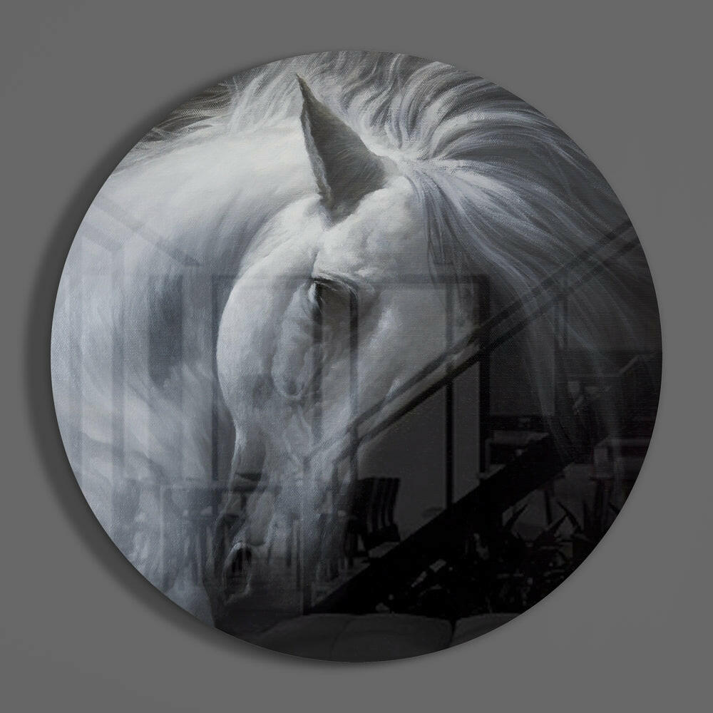 White Horse Circle Glass Wall Art