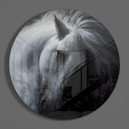 White Horse Circle Glass Wall Art