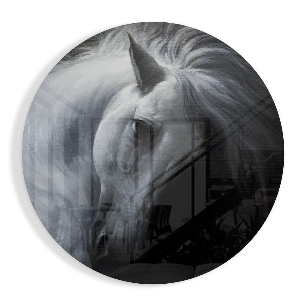White horse circle glass wall art equestrian design