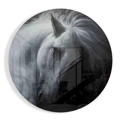White horse circle glass wall art equestrian design