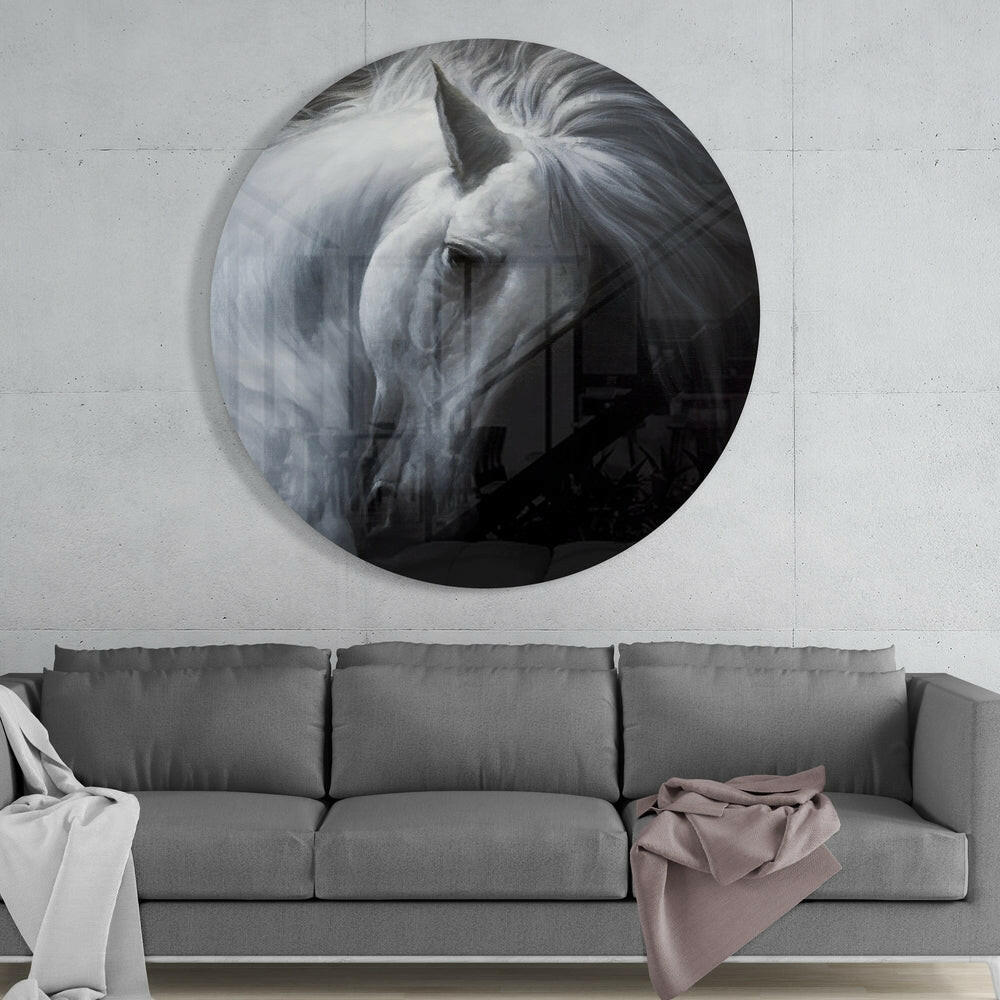 White Horse Circle Glass Wall Art