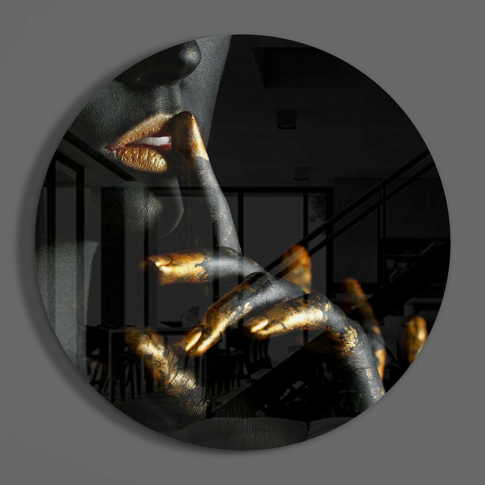 Gold Lips and Fingers Hush Glass Wall Art