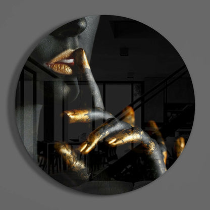 Gold Lips and Fingers Hush Glass Wall Art