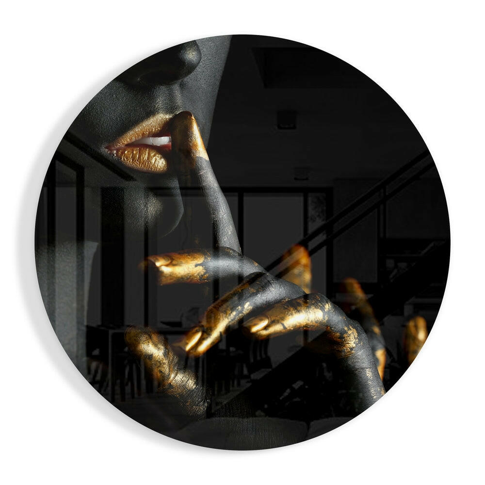 Gold Lips and Fingers Hush glass wall art print in high-gloss tempered glass