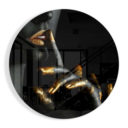 Gold Lips and Fingers Hush glass wall art print in high-gloss tempered glass
