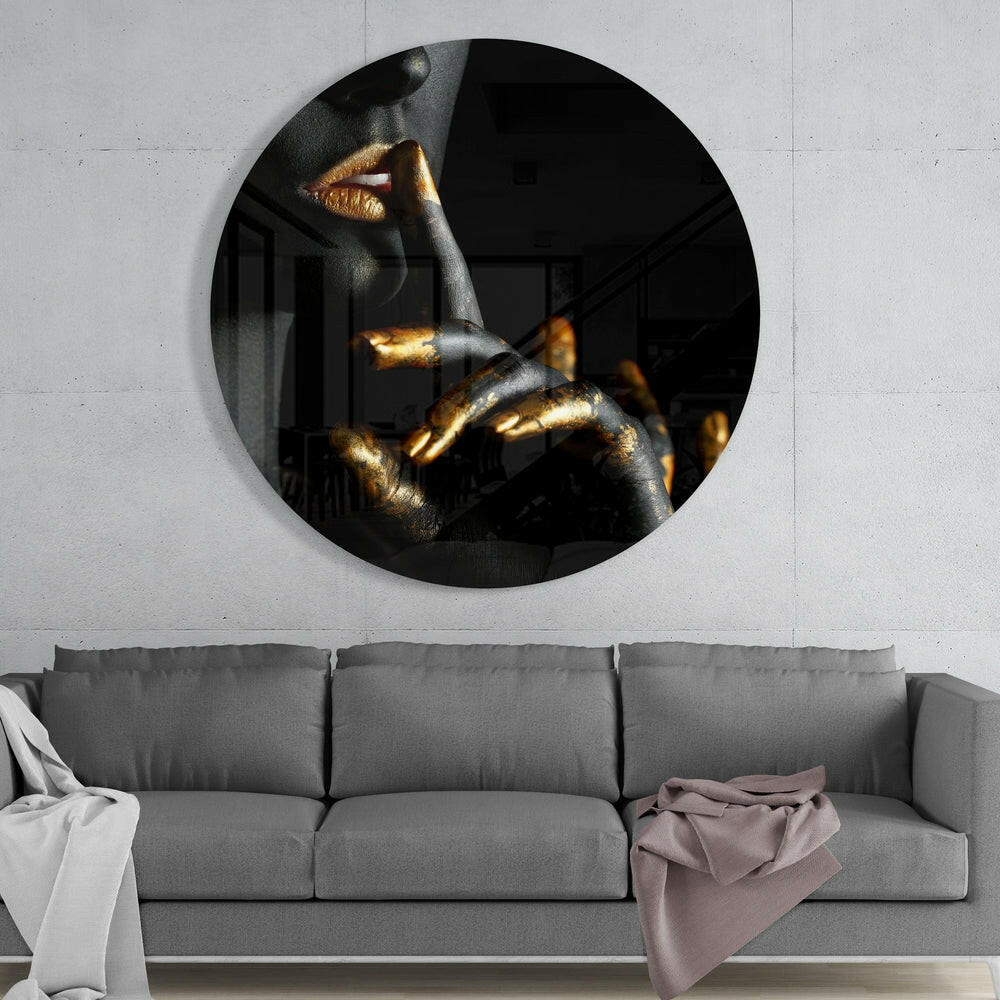 Gold Lips and Fingers Hush Glass Wall Art