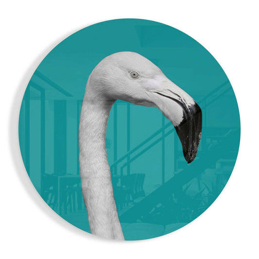 White Flamingo Teal Circle Glass Art