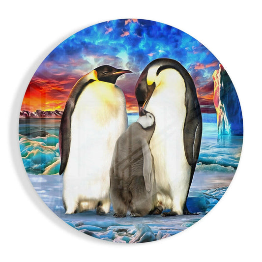 Emperor penguin chick glass wall art with fluffy down feathers