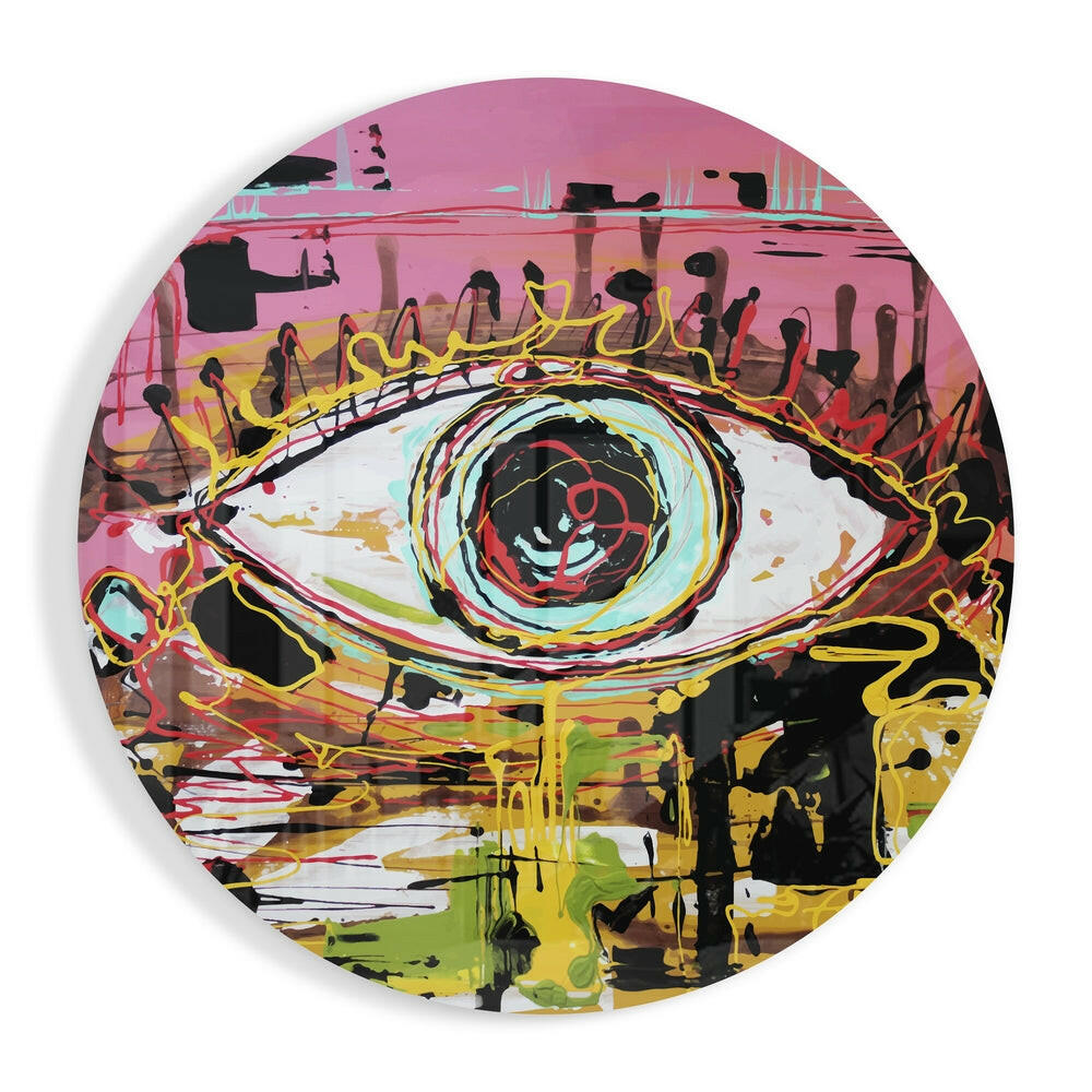Pink Graffiti Scribble Eye glass wall art print in high-gloss tempered glass
