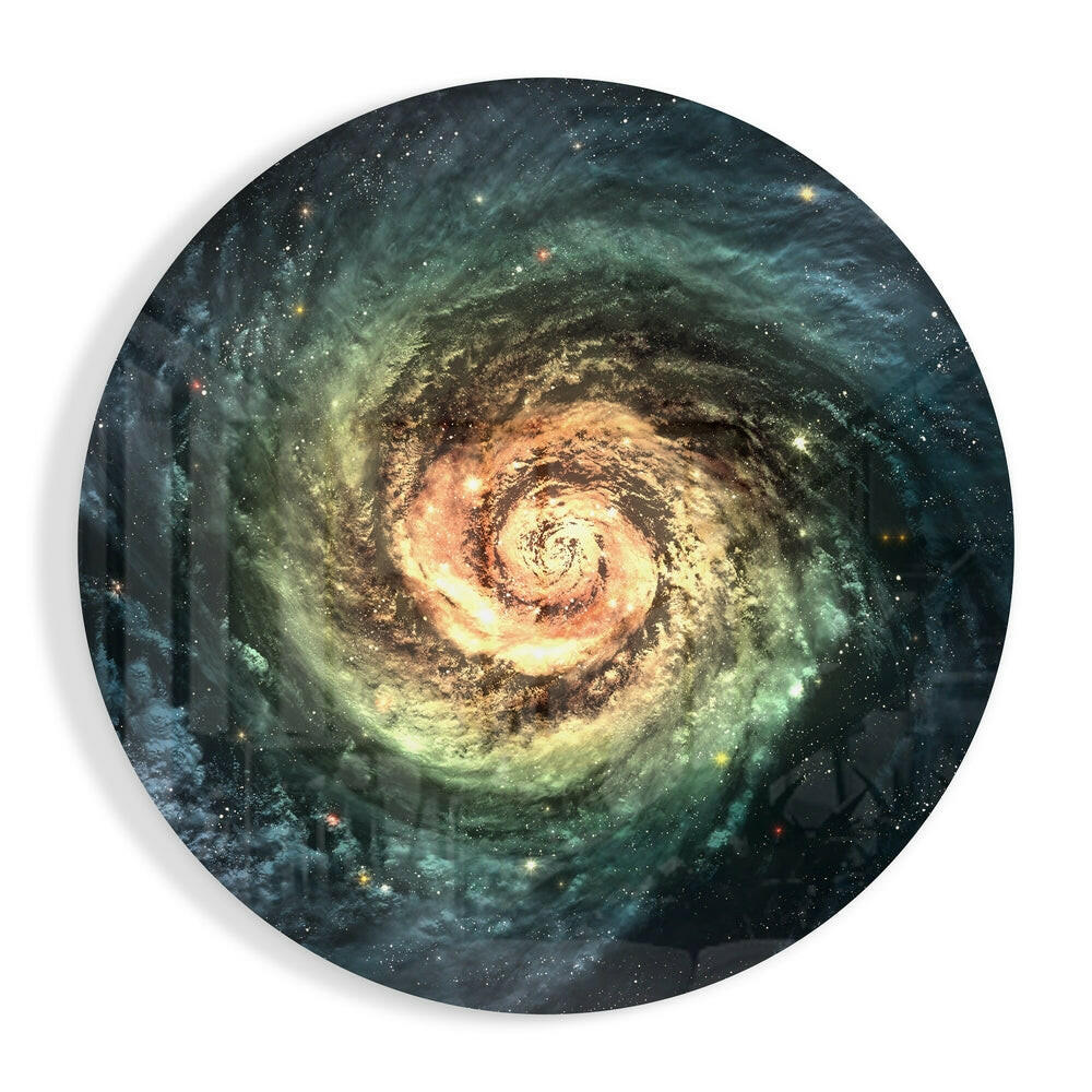 Teal spiral galaxy glass wall art