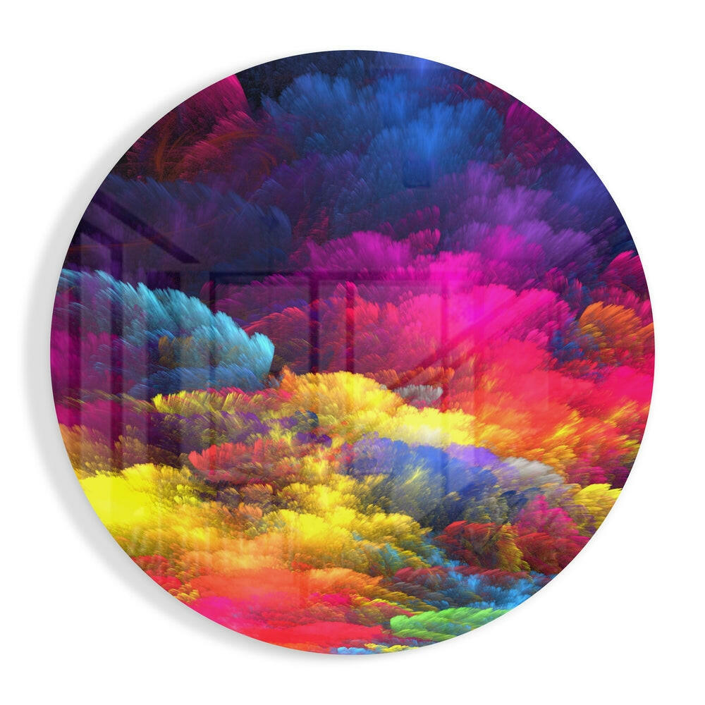 Rainbow feather cloud round glass wall art