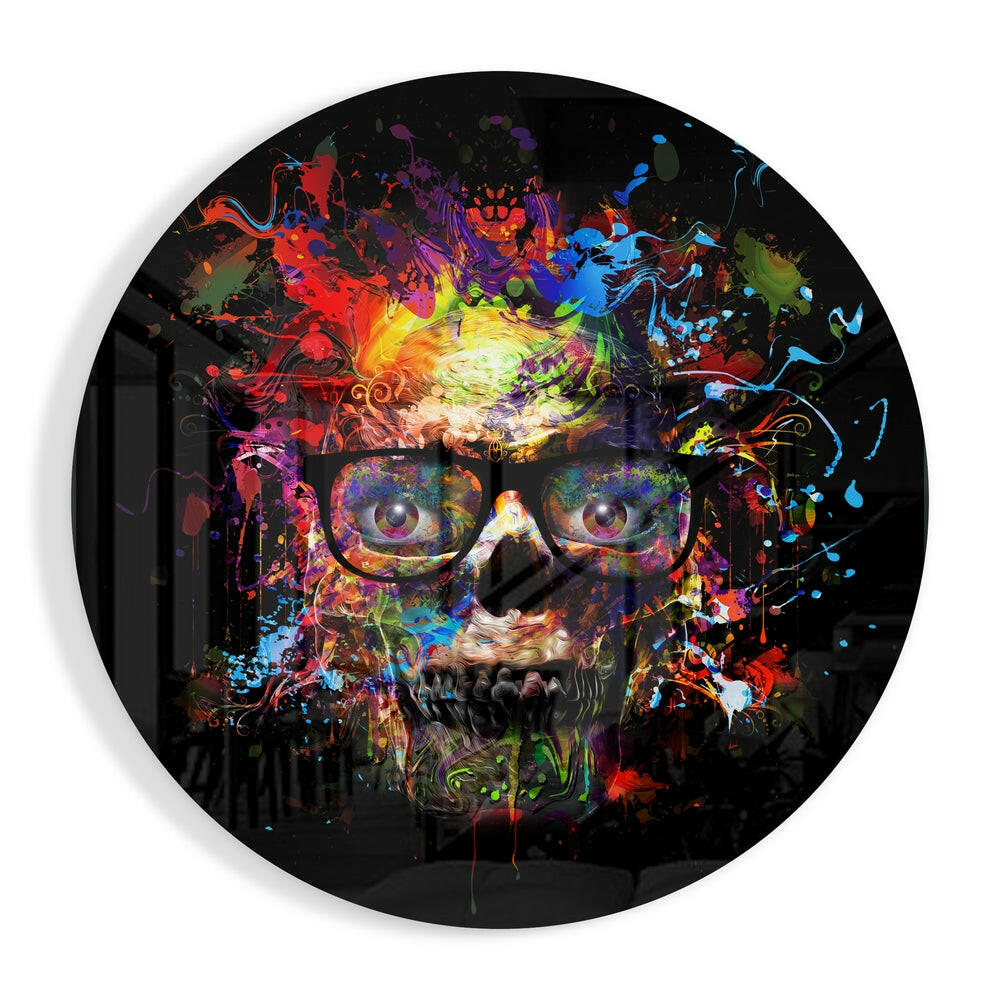 Rainbow splatter skull glass wall art