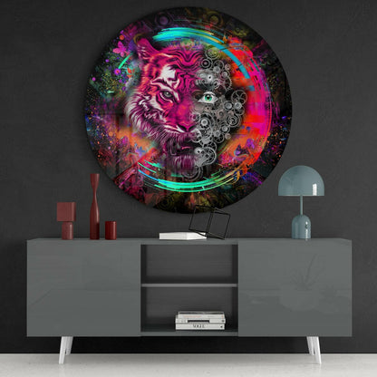 Magenta Tiger Clockwork Gears Glass Wall Art