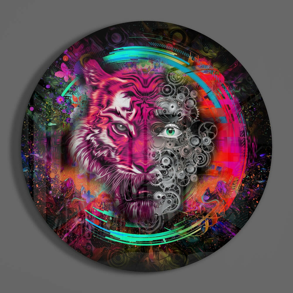 Magenta Tiger Clockwork Gears Glass Wall Art