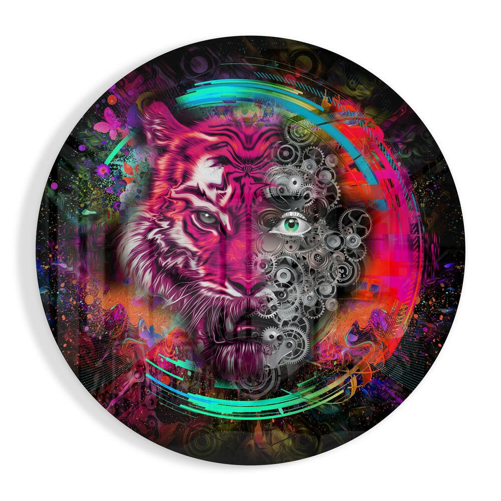 Magenta Tiger Clockwork Gears glass wall art print in high-gloss tempered glass