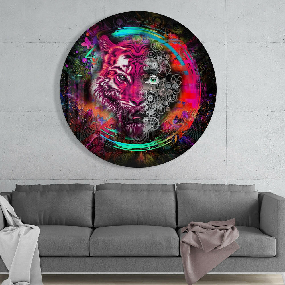 Magenta Tiger Clockwork Gears Glass Wall Art
